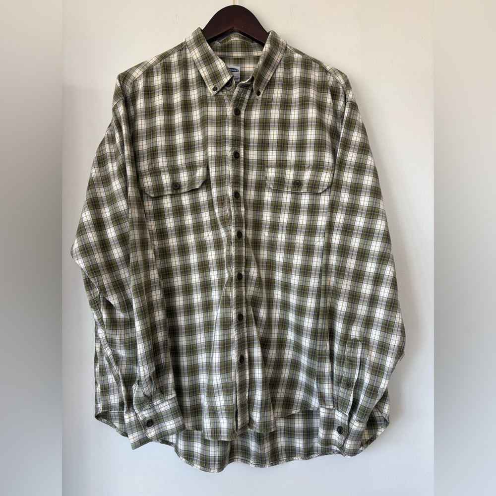 Old Navy Men's Plaid Flannel Button Down Shirt Green White 100% Cotton Mens XL